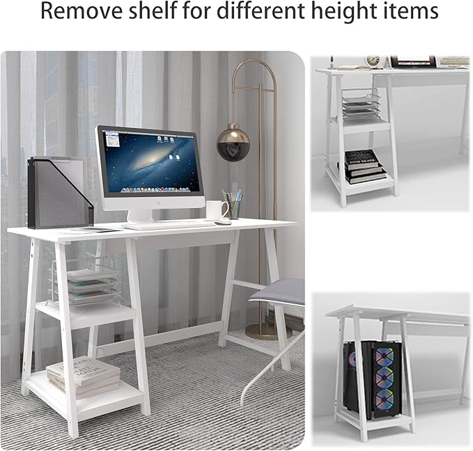 Natwind 47" White Desk with 2-Tier Storage Shelves,Home Office Computer Desk, Study Table for Kids Student Girls,Writing Desk,Modern Simple Basic Desk Workstation for Bedroom Home Office