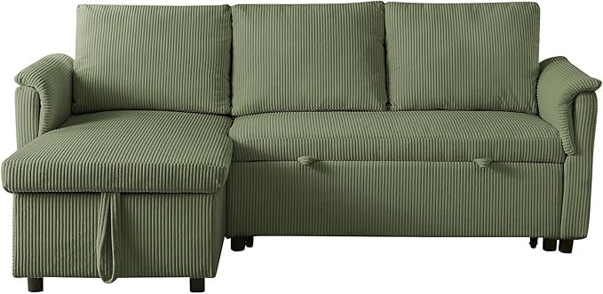 Ball & Cast Reversible Sectional Sofa Couch,L-Shape Sleeper Sofa Bed with Storage Chaise Pull Out Couch for Living Room | Hidden Storage | Pull Out Bed | Removable Backrest | Corduroy Fabric,Green