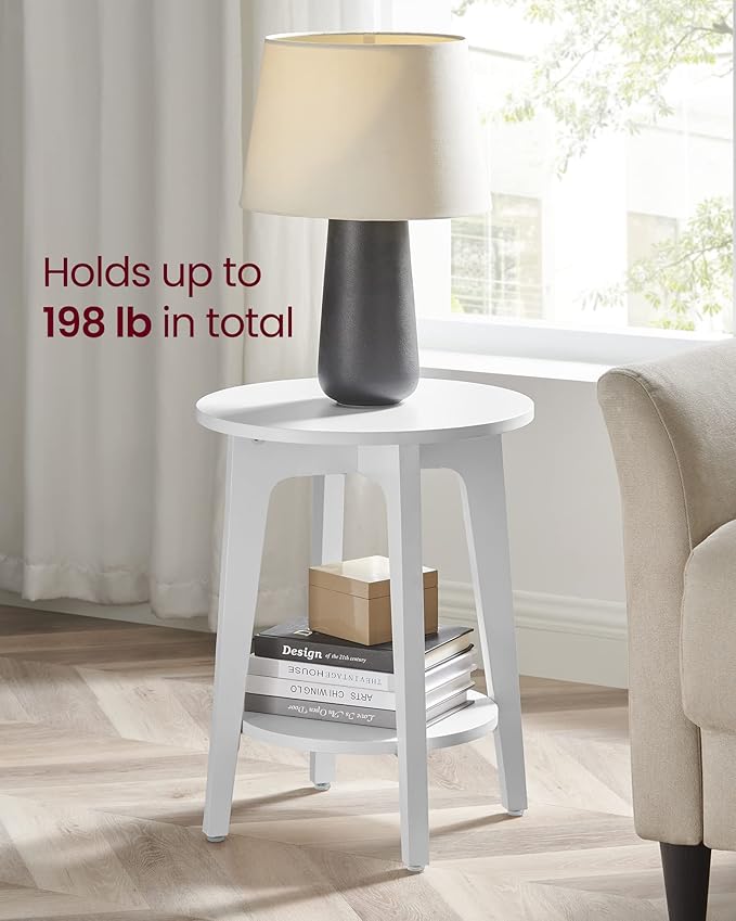 VASAGLE Side Table, Small Round End Table with Lower Shelf, Nightstand for Small Spaces, Living Room, Bedroom, White ULET283T14