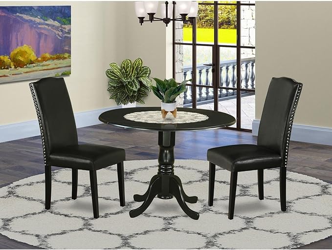 East West Furniture DLEN3-BLK-69 3 Piece Dining Room Furniture Set Contains a Round Dining Table with Dropleaf and 2 Black Faux Leather Upholstered Chairs, 42x42 Inch, Black