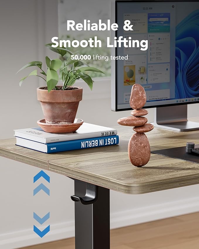 HUANUO 55" x 28" Electric Standing Desk Adjustable Height, 4 Memory Height Settings, Headphone Hook, Cable Manager, Sit Stand Up Desk for Home Office & Computer Workstation, Wooden Block