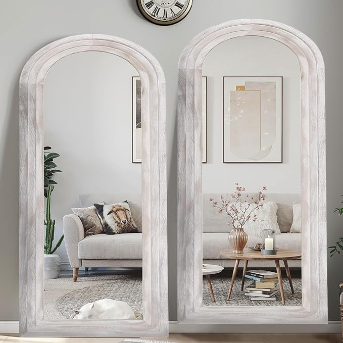 Arched Full Length Mirror with Solid Wood Frame, 71x32 Farmhouse Wall Mirror Full Length with Stand, Vertical Hanging, Leaning Standing for Bedroom, Living Room, Rustic White
