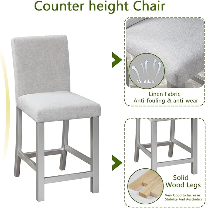 KEIKI 5-Piece Counter Height Dining Table Set with Square Table and 4 Upholstered Chair, for 4 Person, Classic Crystal Decoration Wooden Table Set, Easy Assembly, for Kitchen, Dining Room, Silver Grey