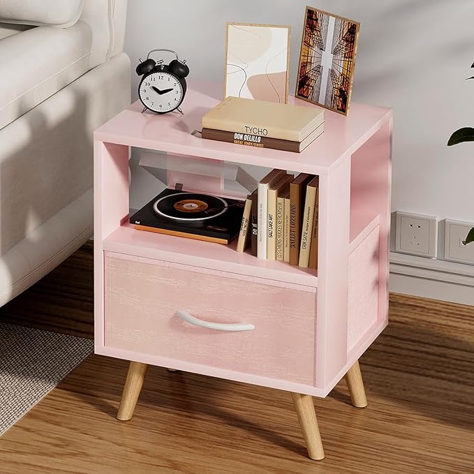 Night Stand, Pink Kids Nightstand with Drawer, Nursery Side Table with Open Storage, 2-Tier Modern End Table, Bedside Table for Small Space, Living Room, Bedroom