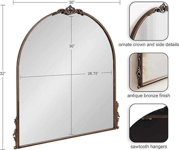 Kate and Laurel Myrcelle Ornate Vintage Arched Mirror, 30 x 32, Bronze, Decorative Wide Arch Mirror for Use as Fireplace Mantel Mirror or Bathroom Mirror for Over Sink