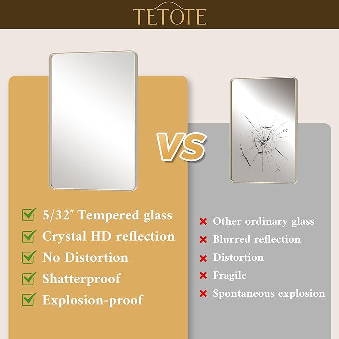 TETOTE Brushed Nickel Bathroom Mirror 40 x 30 Inch Brushed Nickel Metal Framed Bathroom Mirror, Tempered Glass, Modern Farmhouse Wall Mounted Mirror for Decorative(Horizontal/Vertical)