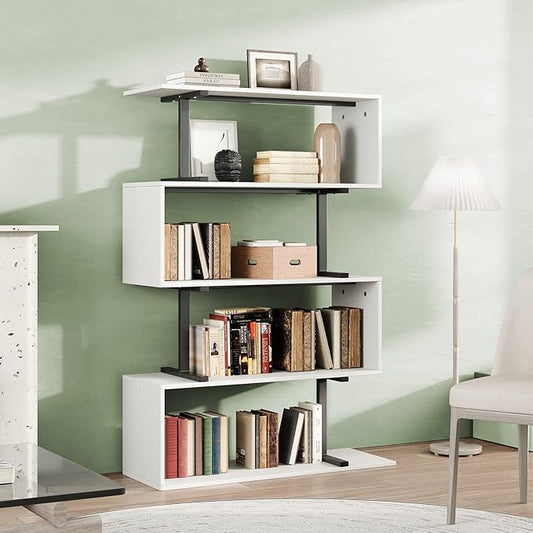 5-Tier Geometric Bookshelf, S Shaped Bookcase, 31.5" W x 58.3" H Wood Decorative Storage Shelving, Modern Freestanding Display Shelves, Tall Book Shelf Unit for Living Room Bedroom