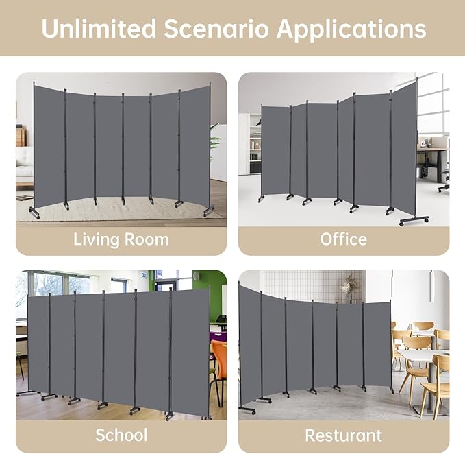 Room Divider 6 Panel Room Dividers/Wheels, Fabric Room Divider Panel for Office Room Partitions and Dividers, Portable Partition Wall Divider for Room Separation, Privacy Screen