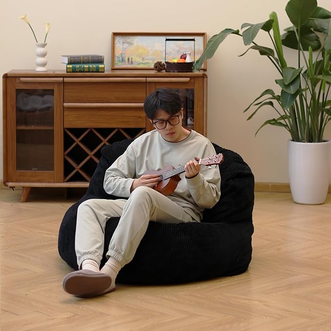 N&V Large Crescent Bean Bag Chair, Adult Size Bean Bag Sack, Foam Filling, Soft Premium Corduroy Bean Bag for Living Room Bedroom Dorm and Office (Black)