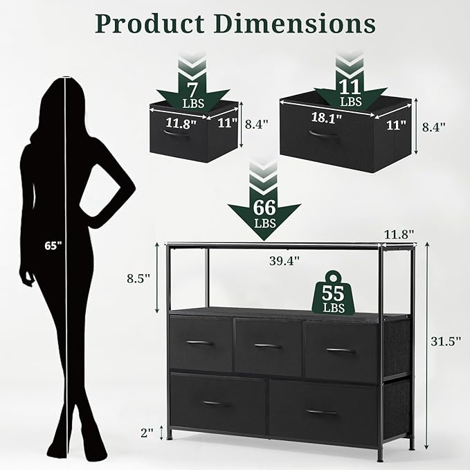 TV Stand, 5 Fabric Drawers Dresser Entertainment Center for TV up to 45 inch Wooden Media Console Table Storage Organizer with Open Shelf, for Living Room, Bedroom, or Small Space, Black