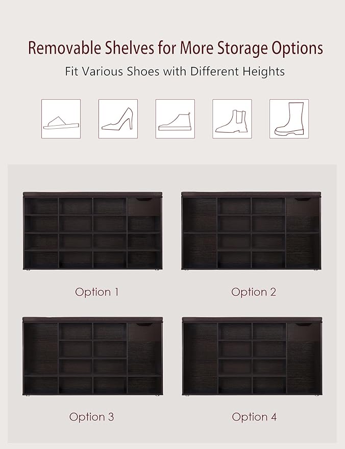 DINZI LVJ Shoe Bench, Entryway Storage Bench with Drawer and 15 Cubbies, Cubby Shoe Rack with Adjustable Shelves, Shoe Organizer Cabinet for Living Room, Bedroom, Mudroom, Closet and Garage, Espresso