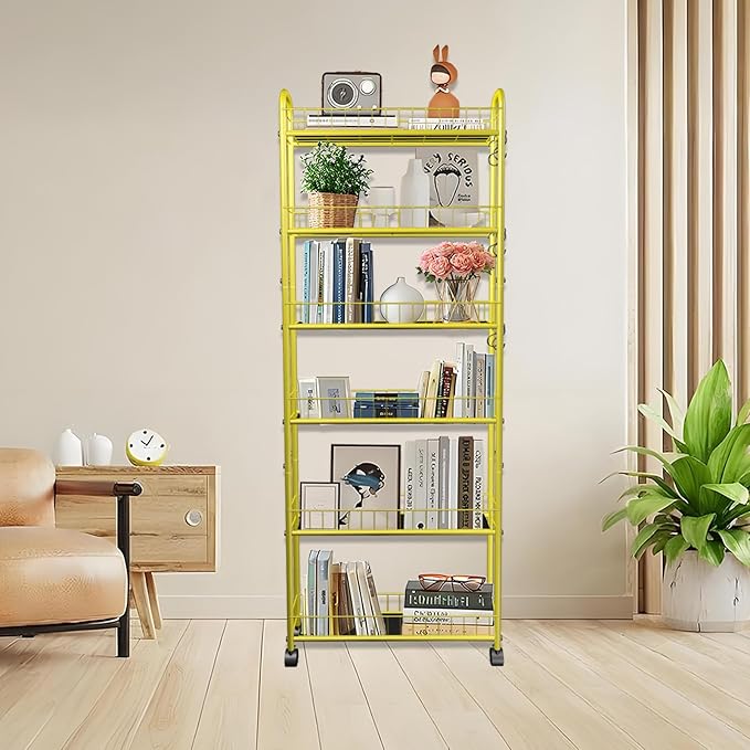 6-Tier Slim Storage Cart with Wheels,6in Narrow Rolling Shelf,Sturdy Slim Storage Ideal for Kitchen, Bathroom, and Laundry Room, Yellow