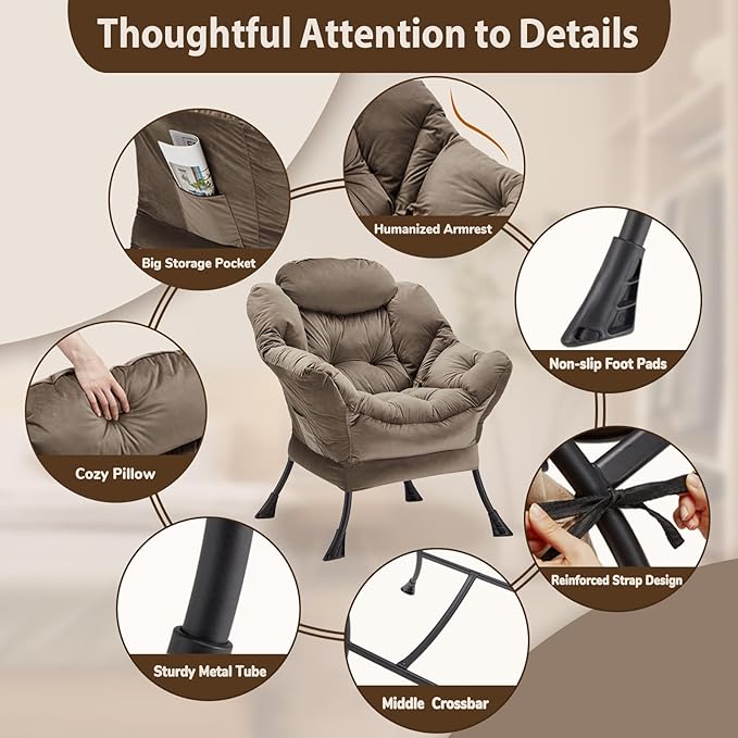 Lazy Chair Thick Padded, Comfy Velvet Accent Lounge Chair with Stable Frame, Leisure Sofa Armchair with Armrests and Side Pocket, Reading Chair for Bedroom, Living Room, Office, Dark Gray