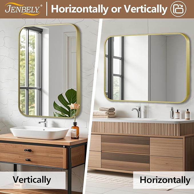 30x36 Inch Gold Mirror, Framed Rectangle Mirror with Rounded Corner, Brushed Brass Mirror, Gold Bathroom Mirror for Over Sink, Vanity, Living Room, Bedroom, Horizontal/Vertical
