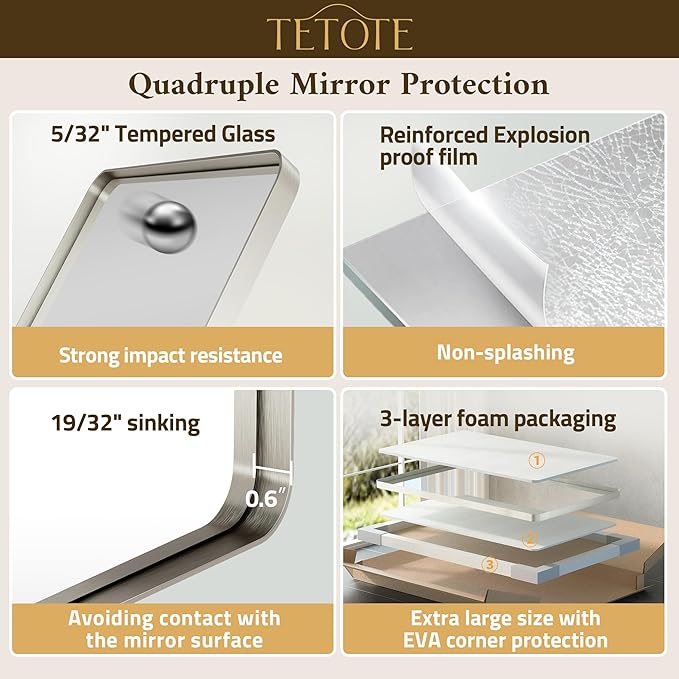 TETOTE Brushed Nickel Mirror for Bathroom 24 x 36 Metal Framed Vanity Mirror, Tempered Glass, Modern Farmhouse Wall Mounted Mirrors for Decorative(Horizontal/Vertical)