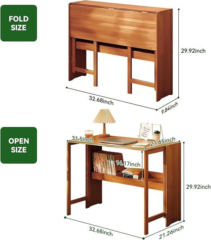Bamboo Folding Desk Mid Century Modern Desk for Home Office Bedroom Small Spaces, Brown