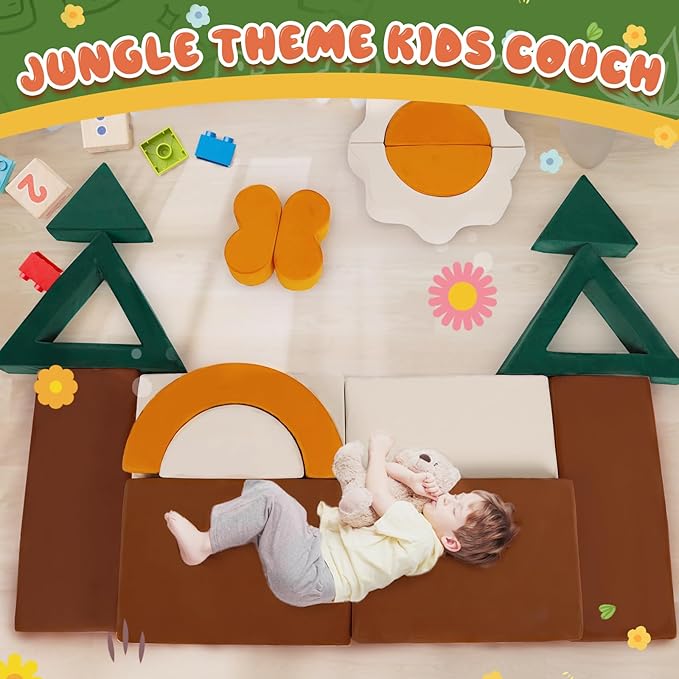 18PCS Modular Kids Play Couch - Junlge Theme Toddler Couch Building Fort, Convertible Sofa Multifunctional Kids Sofa, Toddler Baby Playroom/Bedroom Furniture for Playing, Sleeping