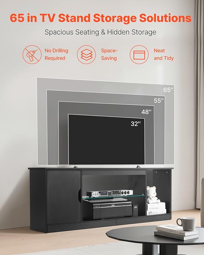 VEVOR TV Stand for TVs up to 65 inch, Modern Entertainment Center with Light Strip, Wooden TV Cabinet Storage with Glass Shelf and Adjustable Shelves, Console Table for Living Room and Bedroom, Black