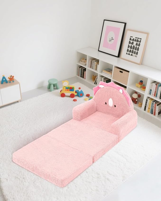 MOONBEEKI 2-in-1 Foldable Toddler Couch, Soft Sherpa Fabric with Washable Cover, Convertible Sofa to Lounger, Kids Sofa for Playroom, Bedroom, Living Room, Birthday Gift, Ages 1-3, Triceratop, Medium