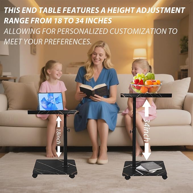 Simcat C Table End Table Adjustable Height, C Shaped Side Table with Wheels, 360° Swivel TV Tray Table, Sofa Side Tables for Small Spaces/Living Room/Bedroom/Bathtub/Hospital