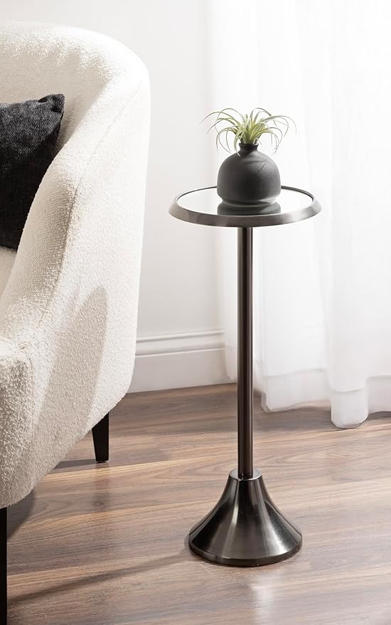 Kate and Laurel Sanzo Modern Pedestal Drink Table, 10 x 10 x 23, Gray Gunmetal, Decorative End Table with Mirrored Tabletop for Use as Small Plant Stand or Cute Martini Table