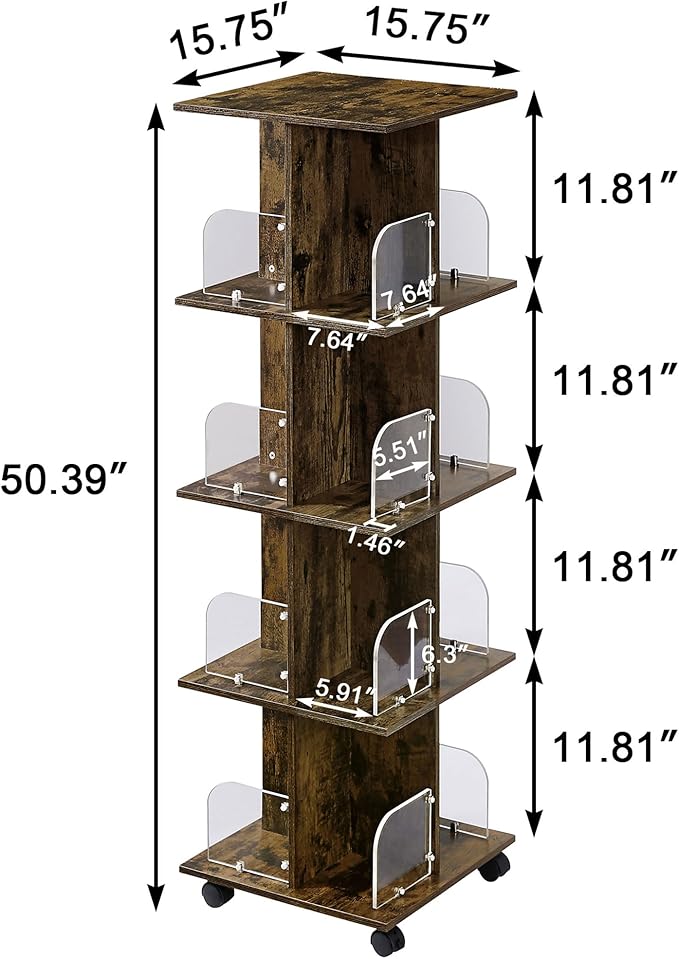 VECELO Rotating Bookshelf with Brake Wheels, 4 Tier Revolving Bookcase, 360° Corner Display Shelf for Kids, Narrow Rolling Bookshelves for Small Space, Corner, Bedroom, Office, Brown