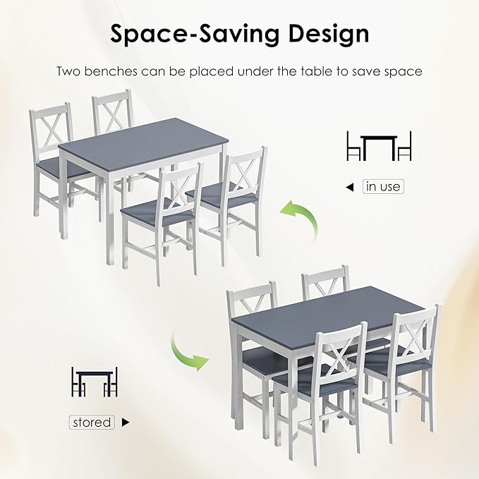SogesPower Dining Table Set for 4, Wood Rectangular Kitchen Dining Table Set with 4 Chairs, 5-Piece Space-Saving Kitchen Table Set for Dining Room Small Space, Grey+White 43"
