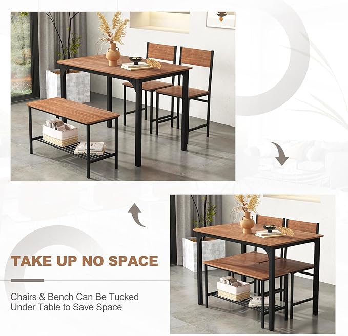 Giantex Dining Table Set for 4, 43" Kitchen Table and Chairs, Dining Bench with Metal Frame & Storage Rack, 4-Piece Modern Functional Desk Set for Dinette, Small Space, Apartment, Restaurant, Brown