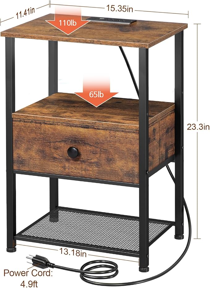Night Stand Set 2, LED Nightstand with Charging Station, End Tables Living Room with Fabric Drawer for Small Spaces, Side Tables with Storage Shelf for Bedroom, Rustic Brown HETS01PQBR