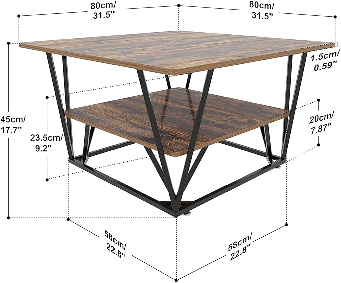 Elephance Square Coffee Table for Living Room, Modern 31.5" Two-Tier Caramel Brown Table with Wooden Top-Almond and Black Frame