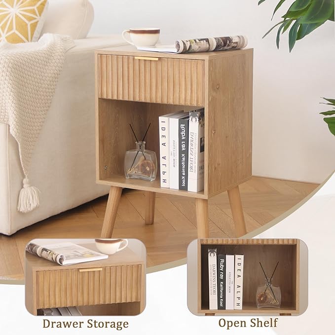 Night Stand with Drawer, Mid Century Nightstand with Storage, Modern Fluted Bedside Table Bedroom Living Room for Small Space, Office (Rustic Walnut)