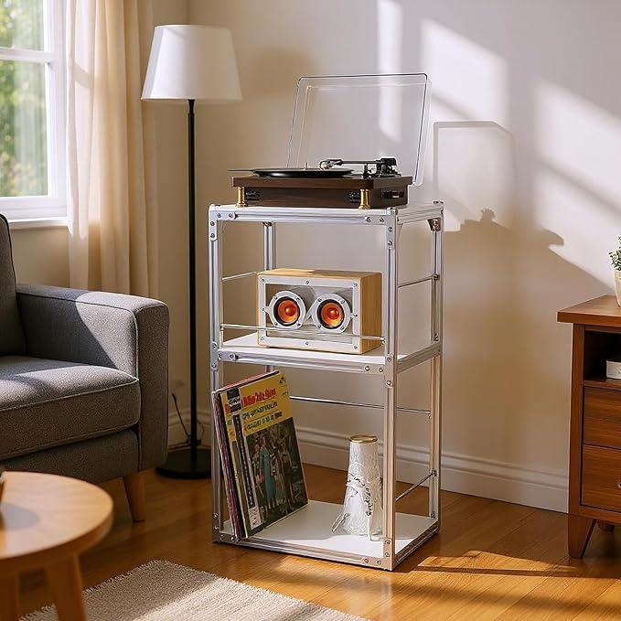 Record Player Stand with Vinyl Record Storage, End Table Style Record Stand, Silver Aluminum & Acrylic Vinyl Record Stand, Modern Record Table