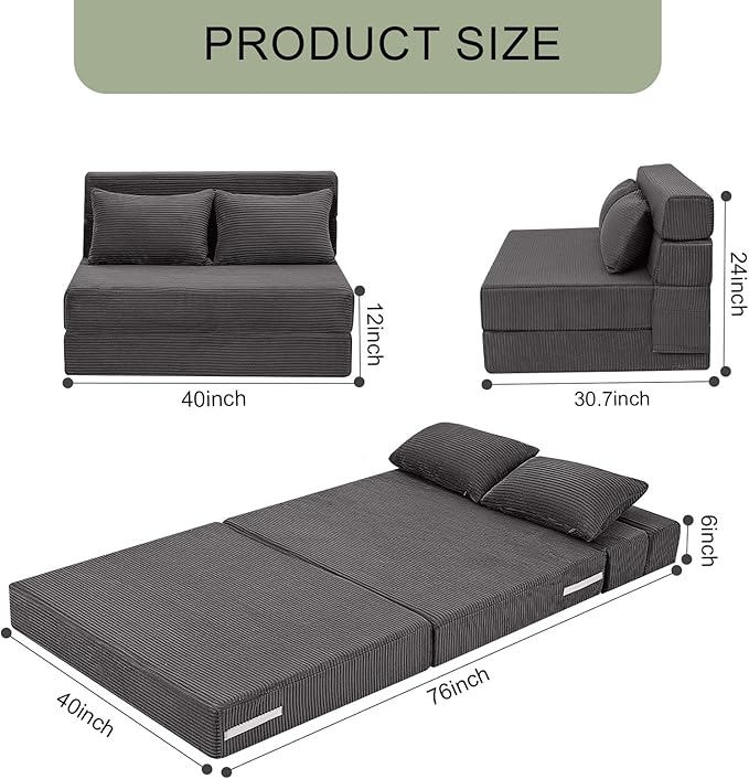 MeMoreCool Boneless Folding Sofa Bed, Corduroy Convertible Sleeper Chair, Foldable Foam Mattress Chair, Comfy Fold‑Out Futon Couch Bed, Large Floor Sofa Couch for Living‑Room Guest