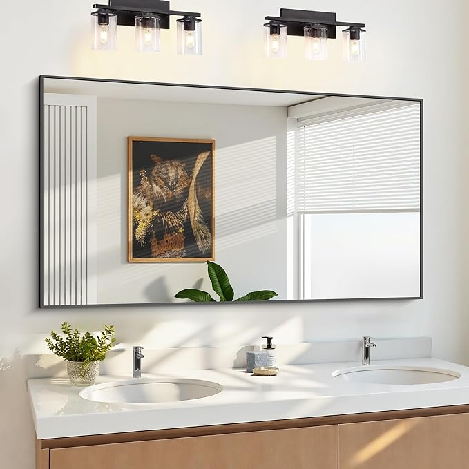 KOCUUY 30x55 Inch Large Black Wall Mounted Mirror,Aluminum Framed Decorative Rectangular Bathroom Mirror for Wall Over Sink,Vanity Mirror for Bedroom Living Room Bathroom,Functional Oversized Mirror