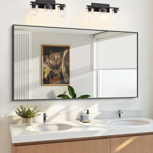 KOCUUY 30x55 Inch Large Black Wall Mounted Mirror,Aluminum Framed Decorative Rectangular Bathroom Mirror for Wall Over Sink,Vanity Mirror for Bedroom Living Room Bathroom,Functional Oversized Mirror