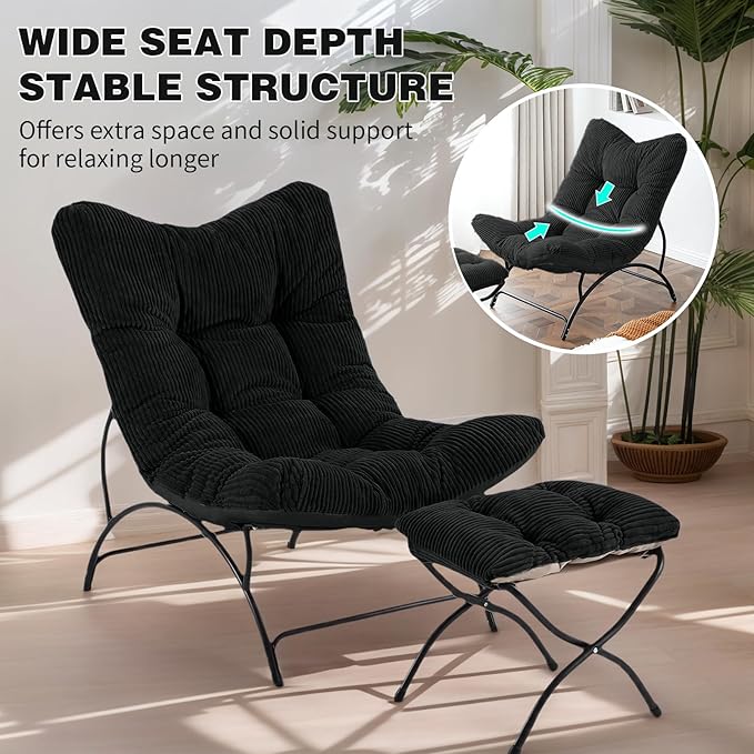 Welnow Accent Chair with Ottoman, Lounge Comfy Soft Leisure Metal Frame Reading Chair with Footrest, Upholstered Thick Cushion Seated Recliner Sofa for Living Room, Bedroom, Dorm, Black