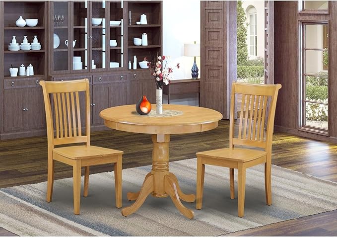 East West Furniture ANPO3-OAK-W 3 Piece Dinette Set for Small Spaces Contains a Round Kitchen Table with Pedestal and 2 Dining Room Chairs, 36x36 Inch, Oak