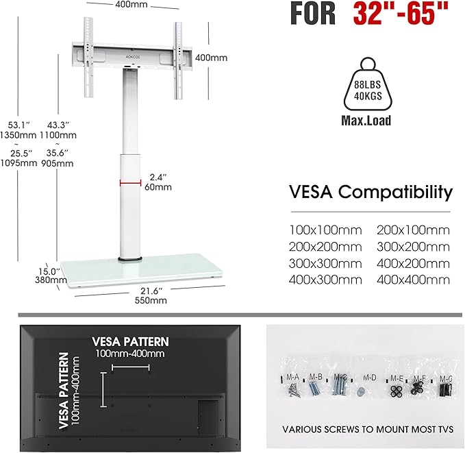 Swivel TV Floor Stand for 32-65 Inches TVs, 8 Level Height Adjustable Corner Small TV Stand Mount for Living Room/Bedroom, Holds up to 88 lbs,MAX VESA 400x400mm,White