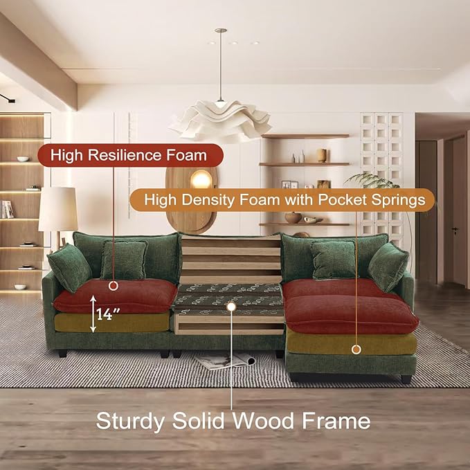 Furniliving 112‘’ L-Shaped Sofa, Luxury Chenille Modular Sectional Couches with Ottoman, Upholstered Deep Seat Sleeper Sofa with Memory Foam and Waist Pillows, Green