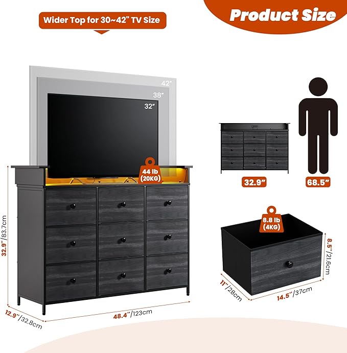 Nicehill 9 Drawer Dresser for Bedroom, TV Stand for Bedroom, Black Dresser with LED Light, Fabric Chests of Drawers for Hallway Entryway (Black Wood Grian)