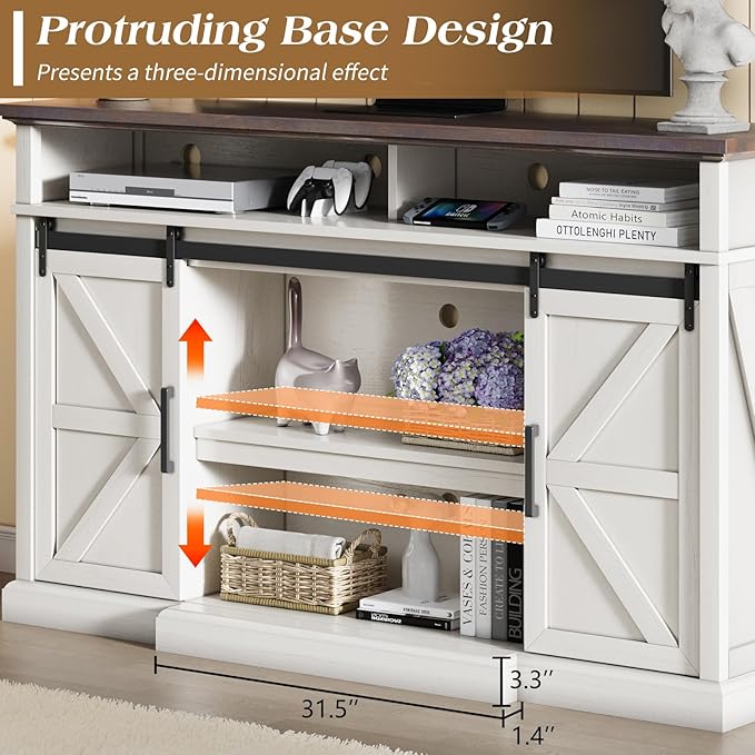 66" Farmhouse TV Stand for 75 Inch TVs, 40" Tall Entertainment Centere with Sliding Barn Doors, Rustic Media Console Table Storage Cabinet with Adjustable Shelves, Living Room, Antique White