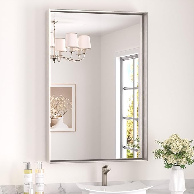 Keonjinn 24 x 36 In Brushed Nickel Bathroom Mirror, Rectangular Metal Framed Wall Vanity Mirror for Over Sink Square Corner Aluminum Alloy Modern Farmhouse Rectangle Silver Mirror(Horizontal/Vertical)