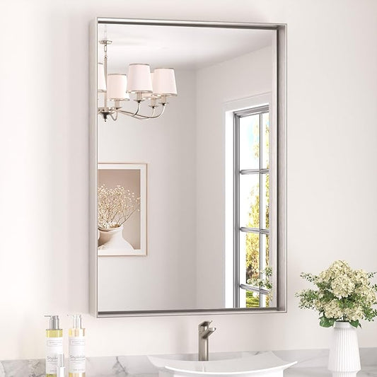 Keonjinn 24 x 36 In Brushed Nickel Bathroom Mirror, Rectangular Metal Framed Wall Vanity Mirror for Over Sink Square Corner Aluminum Alloy Modern Farmhouse Rectangle Silver Mirror(Horizontal/Vertical)