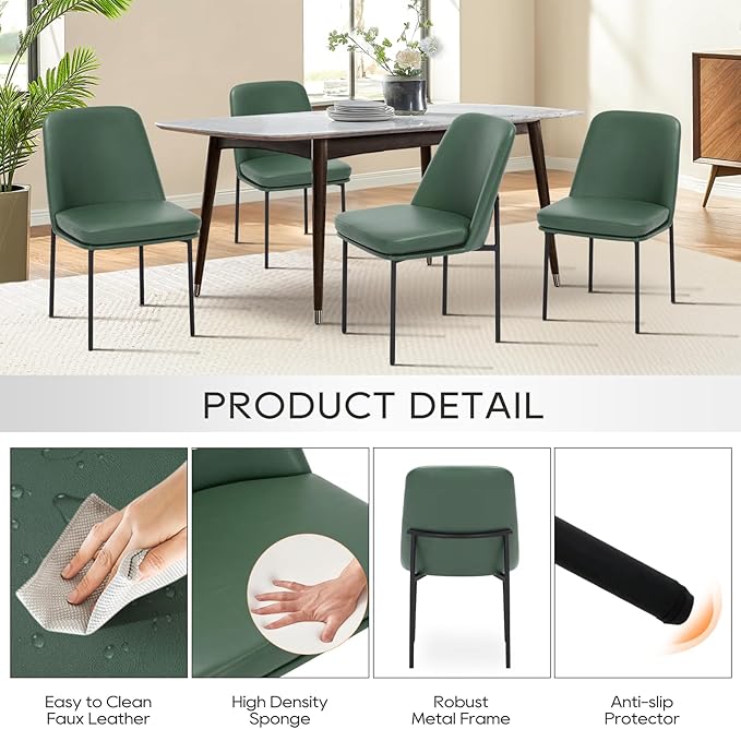 COLAMY Modern Dining Chairs Set of 4, Faux Leather Upholstered Dining Room Chairs Kitchen Chairs Dinner Chair with Curved Back and Metal Legs, Green