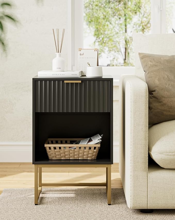 Masupu Fluted Nightstand,Modern Night Stand Wood Bedside Table with Storage Drawer Side End Table for Bedroom,Living Room,Office,Black