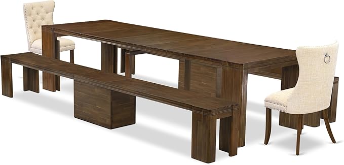 X02DA-208-32 5-Pc Mid Century Dining Table Set contains an Extendable Rectangle Kitchen Table, 2 Polyester Dining Chairs and 2 Modern Benches, 39x120 Inch, Antique Walnut