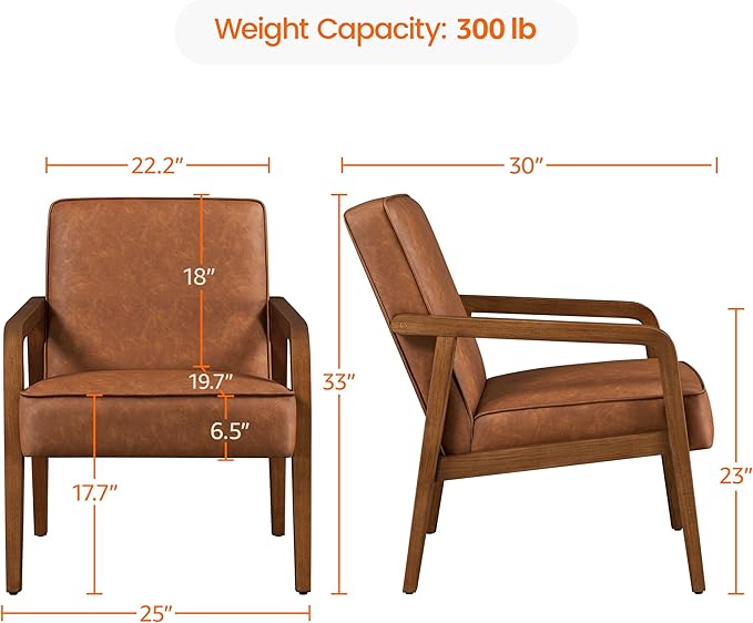 Yaheetech PU Leather Accent Chair, Mid-Century Modern Barrel Chair with Wooden Frame and Soft Thick Padded for Living Room Bedroom Home Office, Light Brown