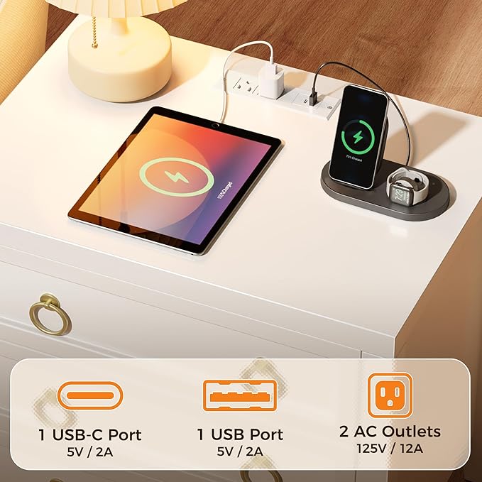 Huuger 23.6 Inch Night Stand with Charger Station and USB-C Port, 3 Drawer Nightstand, Larger Wider Bedside Table, Modern Side End Table, for Bedroom, White Nightstand
