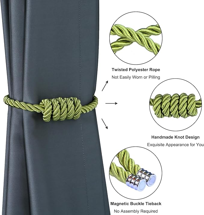 BEL AVENIR Magnetic Curtain Tiebacks, Decorative Drapery Holdbacks Modern Woven Tie-Backs with Exquisite Knot (Green, 2 Pack)