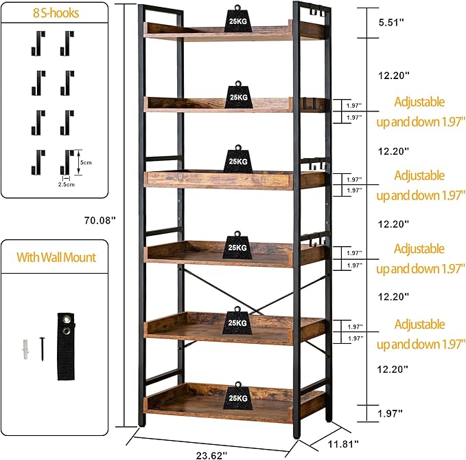 HCHQHS Adjustable 6 Tier Open Bookcase, Rustic Farmhouse Book Shelves, Industrial Wood and Black Metal Bookshelves, Mid Century Bookcase for Home Office Living Room Bedroom